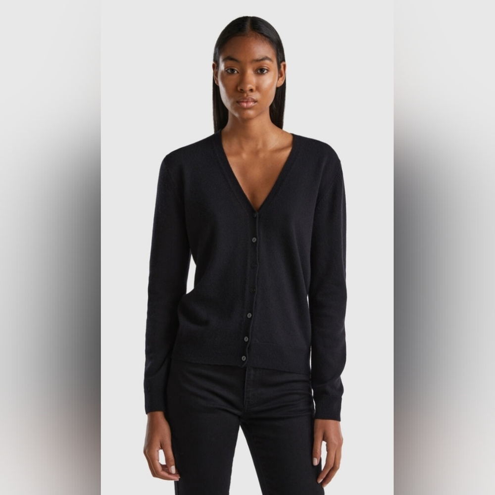 100% Wool Cardigan Sweater in Black With Ribbed Cuffs & Waist